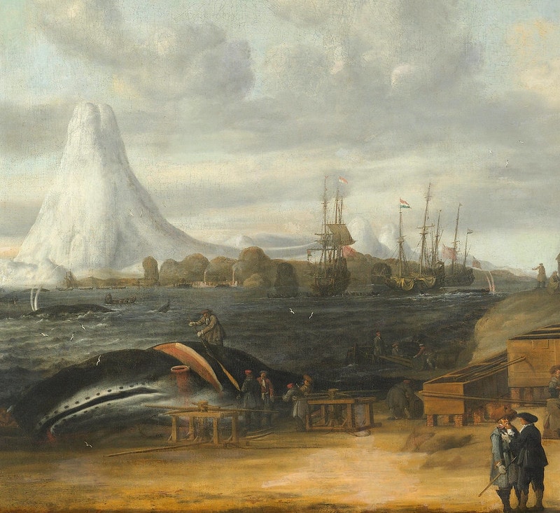 painting of whale in shipyard